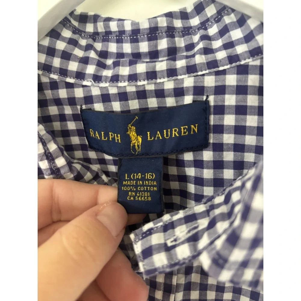 Ralph Lauren Boys L 14-16 Gingham Plaid Long Sleeve Button Front Shirt Navy